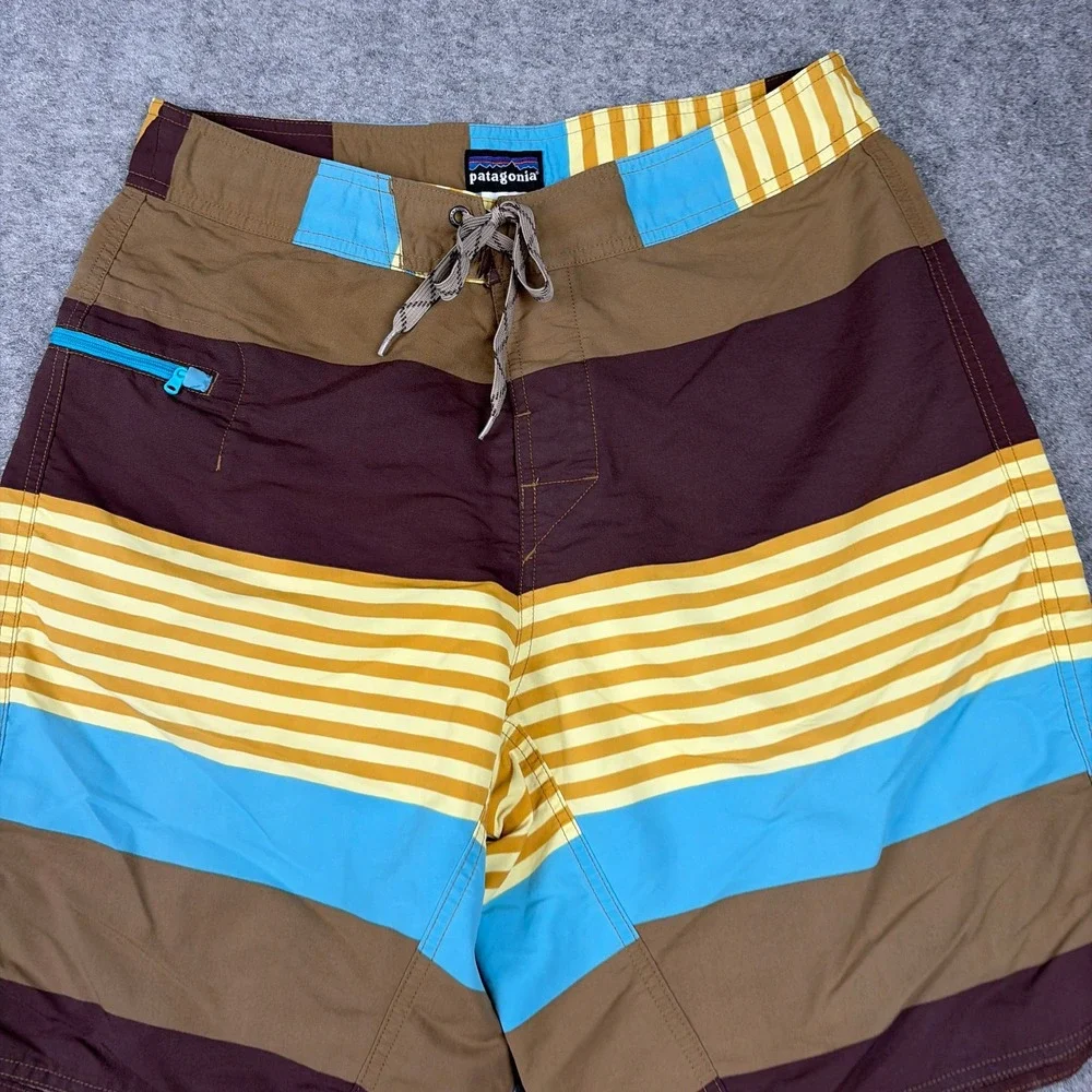 Patagonia Board Shorts Mens 32‎ Brown Blue Yellow Striped Swim Trunks Beach Surf